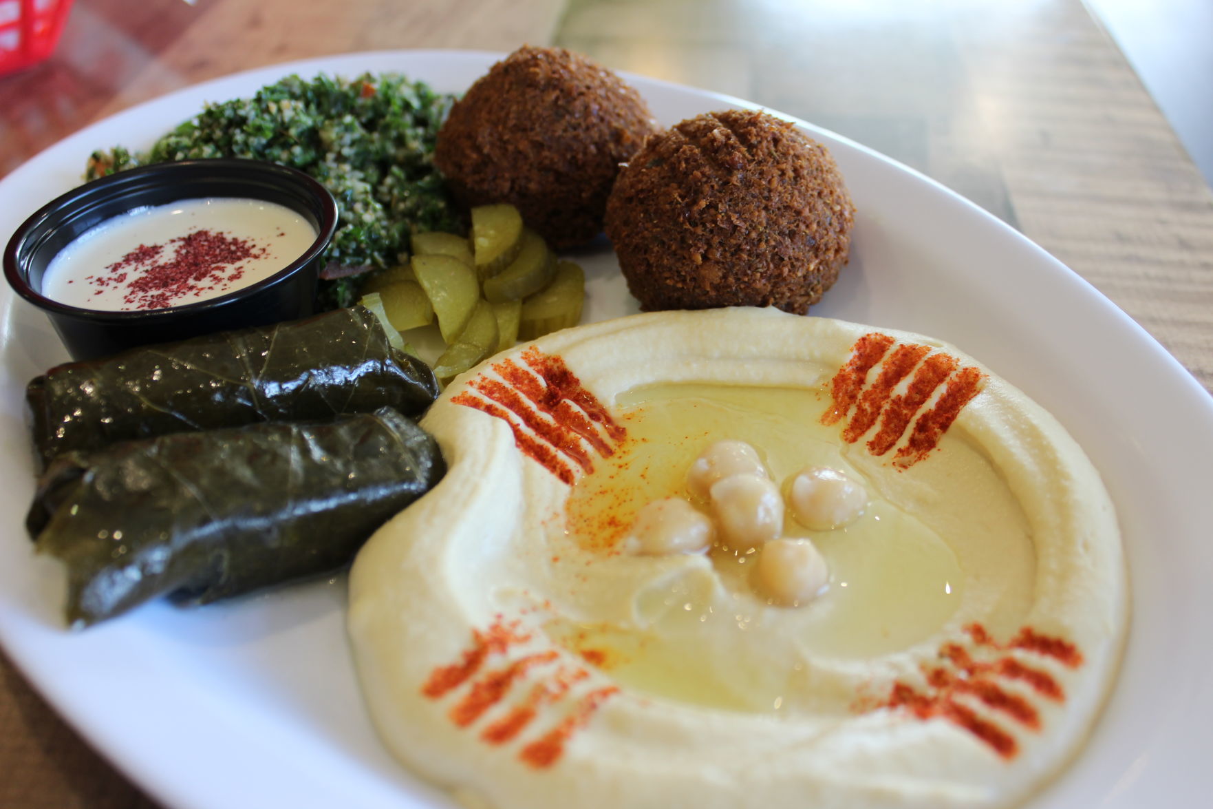 Vegetarian Combo (Falafel, hummus, tabouli salad, and stuffed grape leaves).JPG